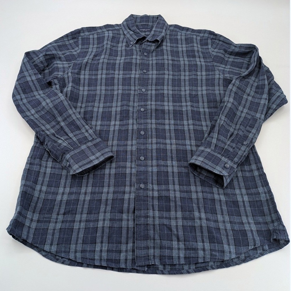 Proper Cloth Shirt Mens 17 Button Up Blue Linen Plaid Casual Long Sleeve